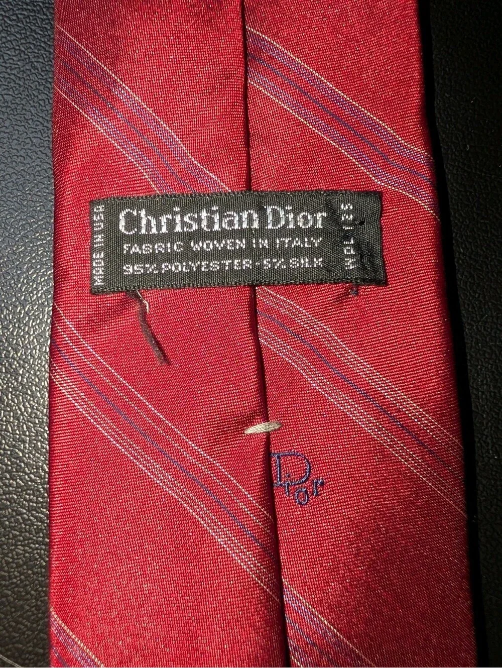 Christian Dior Tie Woven In Italy Polyester Silk Blend Vintage Red Stripe Skinny